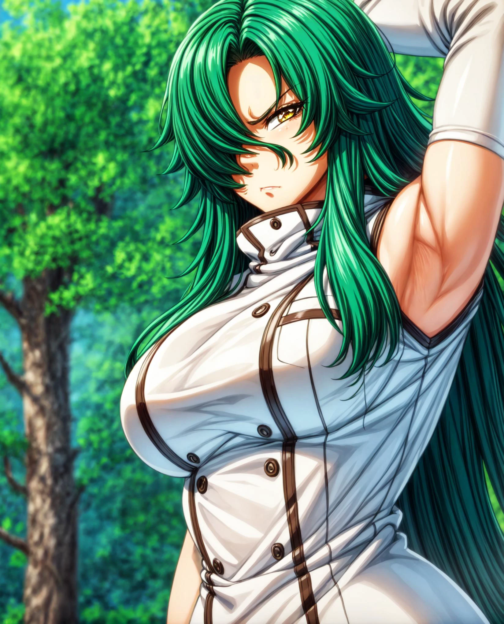 angry,(centered shot:1.1),(upper body:1),arms up, presenting armpit,sexy_pose,closed mouth, 1girl,solo,perfect body, green hair, looking at viewer, yellow eyes, hair covering one eye, white coat, white gloves ,<lora:Rose:0.8>,(outdoors, heart of the forest:1),<lora:add_detail:0.6> ,<lora:more_details:0.5>, (masterpiece),(8k,4k), (best quality, ultra-detailed), (Rim_light:1)