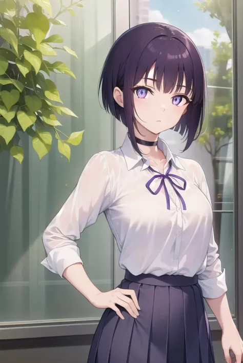 miyabisenpai, <lyco:miyabisenpai-lyco-nochekaiser:1>,
miyabi senpai, short hair, bangs, purple hair, (purple eyes:1.1),
BREAK skirt, shirt, long sleeves, ribbon, school uniform, pleated skirt, choker, collared shirt, neck ribbon, black choker,
BREAK indoors, classroom,
BREAK looking at viewer, (cowboy shot:1.5),
BREAK <lyco:GoodHands-beta2:1>, (masterpiece:1.2), best quality, high resolution, unity 8k wallpaper, (illustration:0.8), (beautiful detailed eyes:1.6), extremely detailed face, perfect lighting, extremely detailed CG, (perfect hands, perfect anatomy),