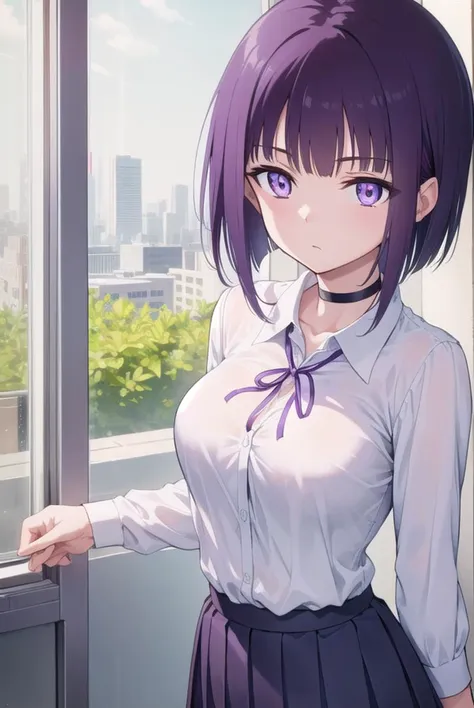 miyabisenpai, <lyco:miyabisenpai-lyco-nochekaiser:1>,
miyabi senpai, short hair, bangs, purple hair, (purple eyes:1.1),
BREAK skirt, shirt, long sleeves, ribbon, school uniform, pleated skirt, choker, collared shirt, neck ribbon, black choker,
BREAK indoors, classroom,
BREAK looking at viewer, (cowboy shot:1.5),
BREAK <lyco:GoodHands-beta2:1>, (masterpiece:1.2), best quality, high resolution, unity 8k wallpaper, (illustration:0.8), (beautiful detailed eyes:1.6), extremely detailed face, perfect lighting, extremely detailed CG, (perfect hands, perfect anatomy),