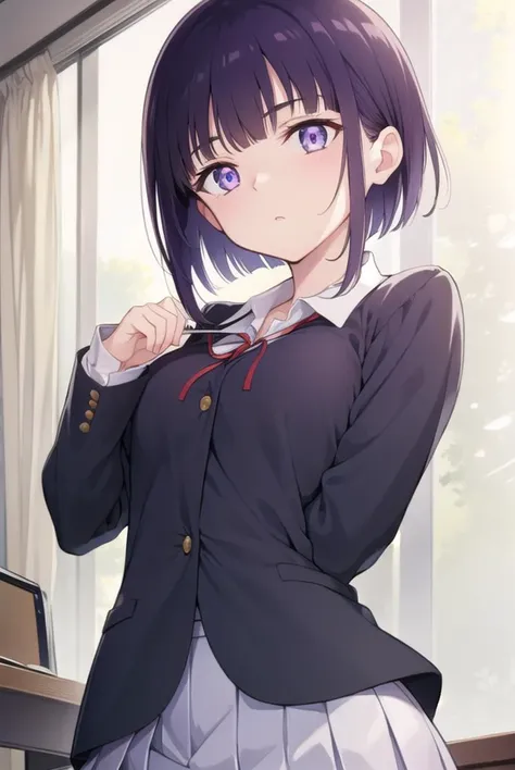 miyabisenpai, <lyco:miyabisenpai-lyco-nochekaiser:1>,
miyabi senpai, short hair, bangs, purple hair, (purple eyes:1.1),
BREAK skirt, shirt, long sleeves, ribbon, school uniform, pleated skirt, choker, collared shirt, neck ribbon, black choker,
BREAK indoors, classroom,
BREAK looking at viewer, (cowboy shot:1.5),
BREAK <lyco:GoodHands-beta2:1>, (masterpiece:1.2), best quality, high resolution, unity 8k wallpaper, (illustration:0.8), (beautiful detailed eyes:1.6), extremely detailed face, perfect lighting, extremely detailed CG, (perfect hands, perfect anatomy),