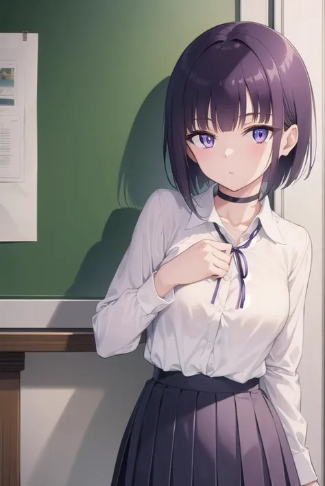 miyabisenpai, <lyco:miyabisenpai-lyco-nochekaiser:1>,
miyabi senpai, short hair, bangs, purple hair, (purple eyes:1.1),
BREAK skirt, shirt, long sleeves, ribbon, school uniform, pleated skirt, choker, collared shirt, neck ribbon, black choker,
BREAK indoors, classroom,
BREAK looking at viewer, (cowboy shot:1.5),
BREAK <lyco:GoodHands-beta2:1>, (masterpiece:1.2), best quality, high resolution, unity 8k wallpaper, (illustration:0.8), (beautiful detailed eyes:1.6), extremely detailed face, perfect lighting, extremely detailed CG, (perfect hands, perfect anatomy),