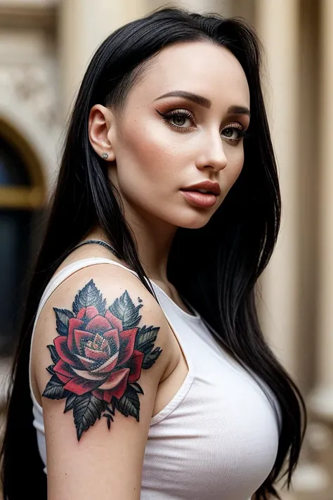 arafed woman with a rose tattoo on her chest and chest, with tattoos, inked, 2 4 year old female model, black very sexy lingerie, beautiful detailed body and face, tattooed, extremely detailed goddess shot, violet myers, body covered in floral tattoos, tattooed body, bella poarch, upper body close up, portrait sophie mudd, tattoos, beautiful upper body, lacey ((More Detail, enhance_all, fix_everything)), Enhance