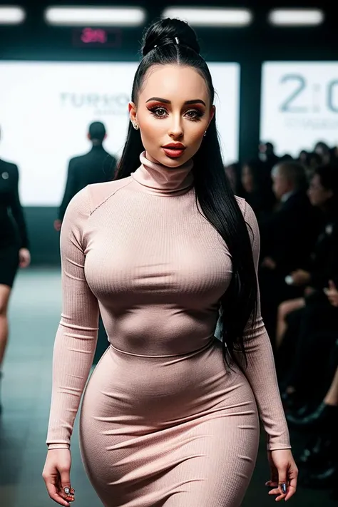 photo of beautiful (m0neyb1rdette:0.99), a woman, perfect hair, full body shot, (modern photo, Flower Pink turtleneck dress, coat), 24mm, (analog, cinematic, film grain:1.3), (walking on the runway), ((detailed eyes)), (epicPhoto), (color picture:1.1), tattoos, makeup. (looking at viewer)