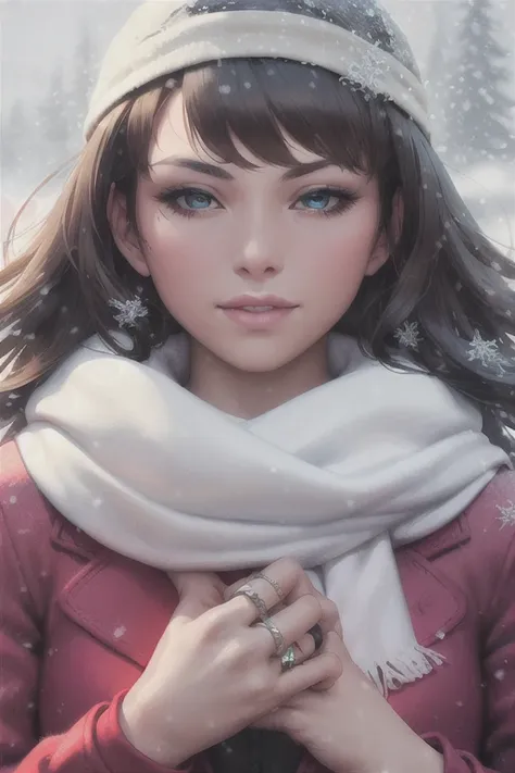 artgerm, 1girl, masterpiece, detailed, jacket, jewelry, looking at viewer, multiple rings, portrait, ring, scarf, snowing, solo, white scarf, blue sky, <lora:artgerm_v1:0.6>