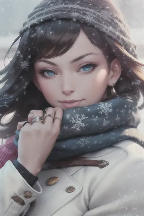 artgerm, 1girl, masterpiece, detailed, jacket, jewelry, looking at viewer, multiple rings, portrait, ring, scarf, snowing, solo, white scarf, blue sky, <lora:artgerm_v1:0.6>