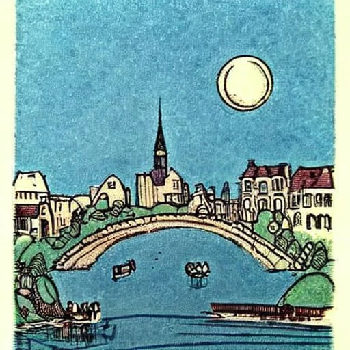 a cool painting of a town with a bridge and people walking on it and a boat in the water and a church on the hill, long_hair, multiple_girls, tree, art by books