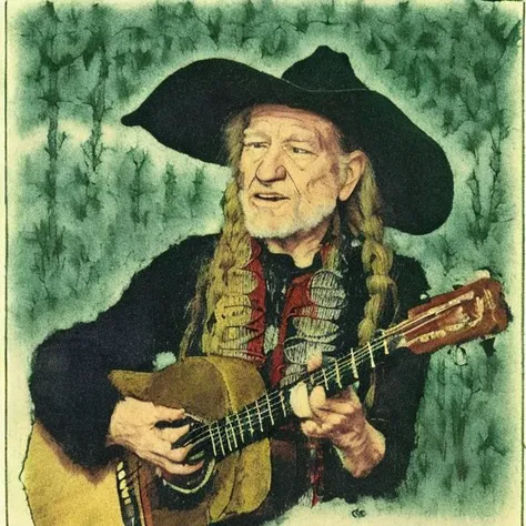Willie Nelson singing to animals in the forest, books style , analog style