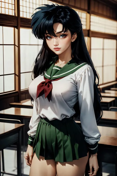 (masterpiece, best quality, ultra detailed, absurdres)1.5, 1girl, (sexy, beautiful woman, perfect face, perfect eyes, perfect female body, huge breasts)1.5, (kagomeiy, higurashi kagome, school uniform, white sailor shirt, green sailor collar, red neckerchief, green pleated skirt, white socks, loafers, long hair, black hair, spiked hair, hair between eyes, wide bangs, <lora:kagome:0.9>), (standing, inside a Japanese classroom), perfect lighting, smooth, hdr