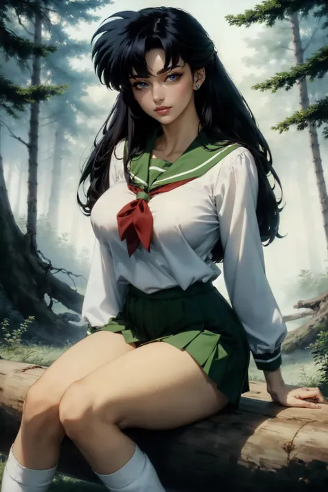 (masterpiece, best quality, ultra detailed, absurdres)1.5, 1girl, (sexy, beautiful woman, perfect face, perfect eyes, perfect female body, huge breasts)1.5, (kagomeiy, higurashi kagome, school uniform, white sailor shirt, green sailor collar, red neckerchief, green pleated skirt, white socks, loafers, long hair, black hair, spiked hair, hair between eyes, wide bangs, <lora:kagome:0.9>), (sitting on a log, inside a Japanese forest), perfect lighting, smooth, hdr