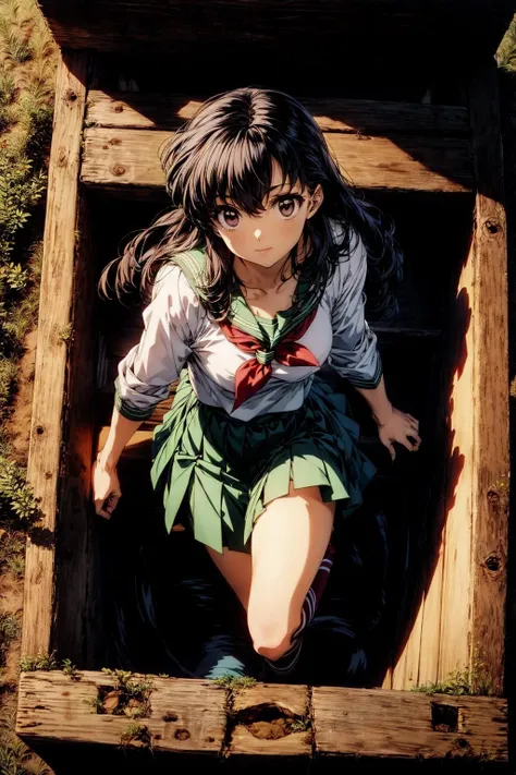 (best quality), (masterpiece),(ultra-detailed:1.2),(photorealistic:1.1),ultra high res,from above,girl in sky,  (motion blur:1.3),  
1girl,dried up well,(square wooden well:1.2),(jump into a square wooden well:1.2),
(wooden:1.3),
<lora:Kagome Higurashi-Inuyasha:0.95> ,KagomeIY, black hair, long hair, (hair between eyes:1.1), wide bangs,Spiked hair, spiked bangs, green sailor collar, green skirt, long sleeves, red neckerchief, pleated skirt,school uniform, higurashi kagome, messy hair, 
<lora:flat2:-0.6>,
<lora:LowRa:0.2>,