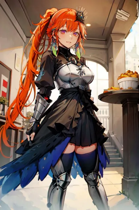 smile, indoors, restaurant, kfc,   <lora:TakanashiKiara:1> || KiaraKnight, long hair, high ponytail, feather earrings, crystal headpiece, layered dress, armored dress, chest belt, high collar, see-through, embroidery, grey gambeson, vambraces, fingerless gloves, waist cape, blue thighhighs, greaves,  <lora:nishiide_kengorou_style_v01:0.8>, absurdres, ultra detailed, masterpiece, best quality, aesthetic, detailed,