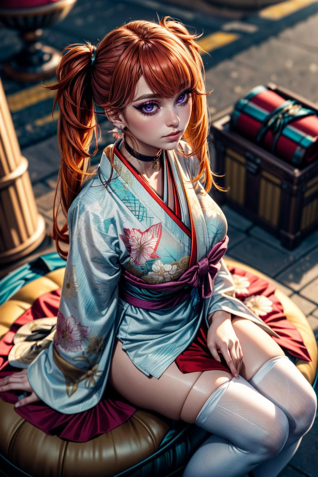 (ultra realistic,32k, masterpiece:1.2),(high detailed skin:1.1),( high quality:1.1),
<lora:TakanashiKiara:0.6>(flustered:1.1),(eyeliner,long lashes, mascara:1.1),orange hair, magenta eyes,KiaraNewYear, long hair, twintails, hair flower,cleavage black choker, white furisode,short furisode, thighhighs, floral print, aqua obi, pink capele, steampunk airship port, victorian-era technology, dirigibles, skyborne adventures (blurry background:1.2),(looking at viewer, sitting, from above:1.1),, huge breast,large breast,<lora:add_detail:0.99>,full body,
(volumetric lighting:1.1),