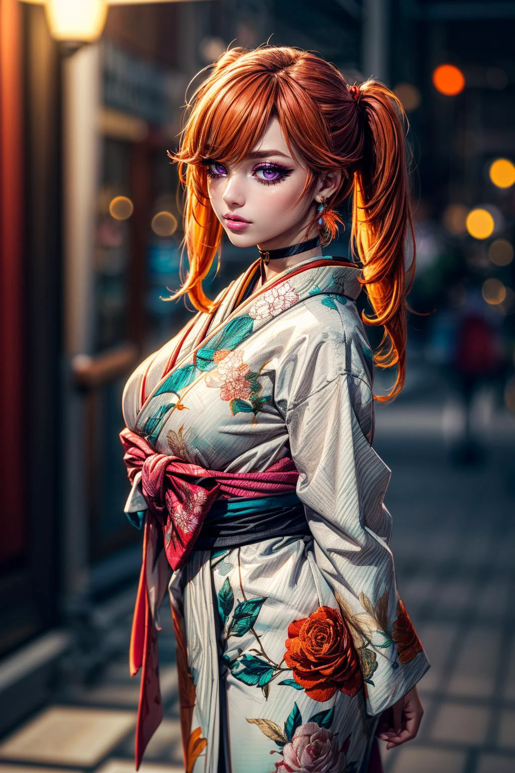 (ultra realistic,32k, masterpiece:1.2),(high detailed skin:1.1),( high quality:1.1),
<lora:TakanashiKiara:0.6>(envy:1.1),(eyeliner,long lashes, mascara:1.1),orange hair, magenta eyes,KiaraNewYear, long hair, twintails, hair flower, black choker, white furisode, floral print, aqua obi, pink capele, ai research institute, advanced ai development, machine learning algorithms, ethical ai studies (blurry background:1.2),(looking at viewer,Standing, arms behind back,(lean forward:1.2),, (huge breast,large breast:1.1),<lora:add_detail:0.95>,full body,
(ambient lighting:1.1),