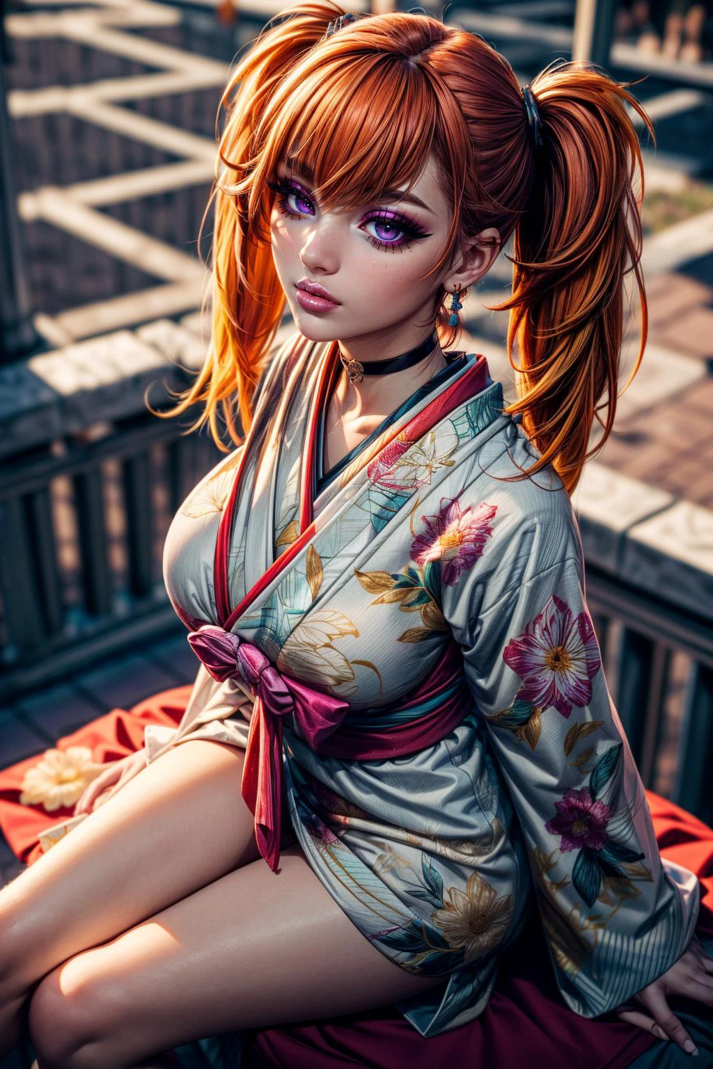 (ultra realistic,32k, masterpiece:1.2),(high detailed skin:1.1),( high quality:1.1),
<lora:TakanashiKiara:0.6>(drunk:1.1),(eyeliner,long lashes, mascara:1.1),orange hair, magenta eyes,KiaraNewYear, long hair, twintails, hair flower, black choker, white furisode, floral print, aqua obi, pink capele, university campus, academic buildings, lively student life, intellectual (blurry background:1.2),(looking at viewer, sitting, crossed legs, from above:1.1),, (huge breast,large breast:1.1),<lora:add_detail:0.96>,full body,
(backlight:1.1),