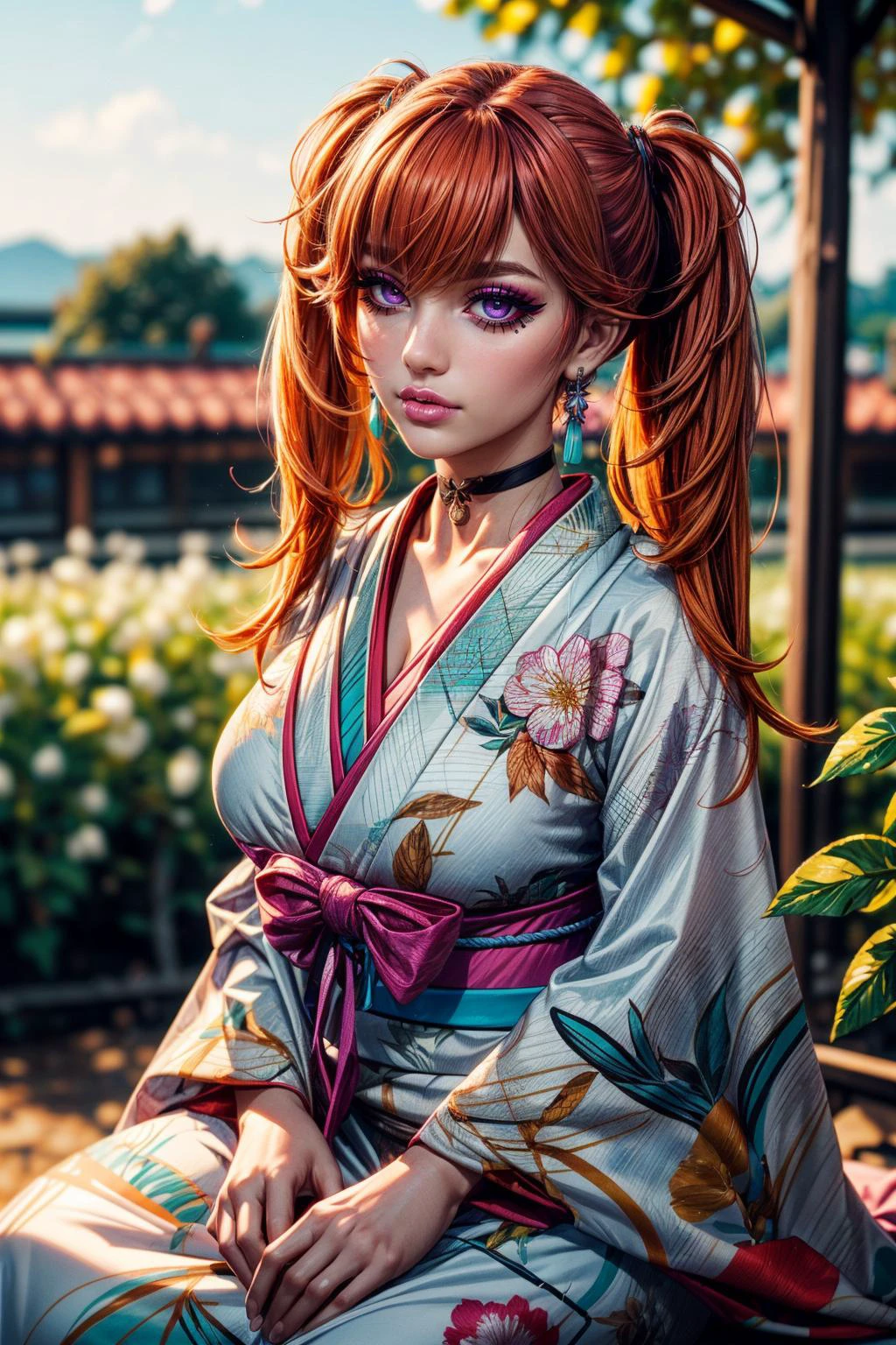 (ultra realistic,32k, masterpiece:1.2),(high detailed skin:1.1),( high quality:1.1),
<lora:TakanashiKiara:0.6>(tired:1.1),(eyeliner,long lashes, mascara:1.1),orange hair, magenta eyes,KiaraNewYear, long hair, twintails, hair flower,cleavage, black choker, white furisode, floral print, aqua obi, pink capele, orchard, fruit-laden trees, bountiful harvest, rural (blurry background:1.2),(looking at viewer, sitting:1.1),, (huge breast,large breast:1.1),<lora:add_detail:0.85>,full body,
(soft shaded neon light:1.1),