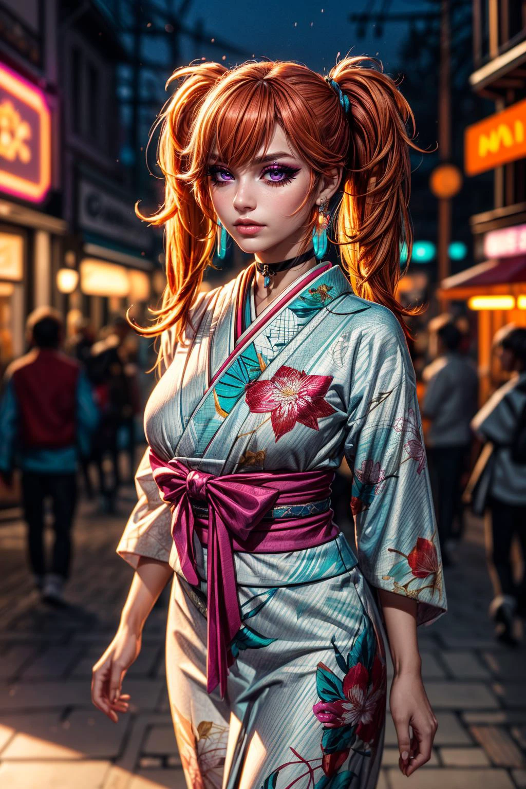 (ultra realistic,32k, masterpiece:1.2),(high detailed skin:1.1),( high quality:1.1),
<lora:TakanashiKiara:0.6>(furrowed brow:1.1),(eyeliner,long lashes, mascara:1.1),orange hair, magenta eyes,KiaraNewYear, long hair, twintails, hair flower, black choker, white furisode, floral print, aqua obi, pink capele, theme park, roller coasters, immersive holographic attractions, mind-bending experiences (blurry background:1.2),(looking at viewer, portrait:1.1),, huge breast,large breast,<lora:add_detail:0.96>,full body,
(neon light:1.1),