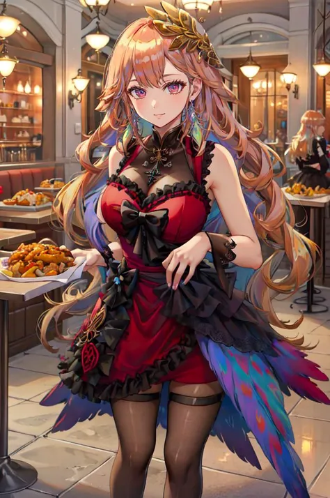 smile, kfc, restaurant, indoors,  <lora:TakanashiKiara:1> KiaraDress, long hair, gold hair ornament, feather earrings, evening gown, sleeveless, red dress, see-through cleavage, high-low skirt, thighband pantyhose, gold thighlets, blue wings,  <lora:TorinoV71:1>, absurdres, ultra detailed, masterpiece, best quality, aesthetic, detailed,