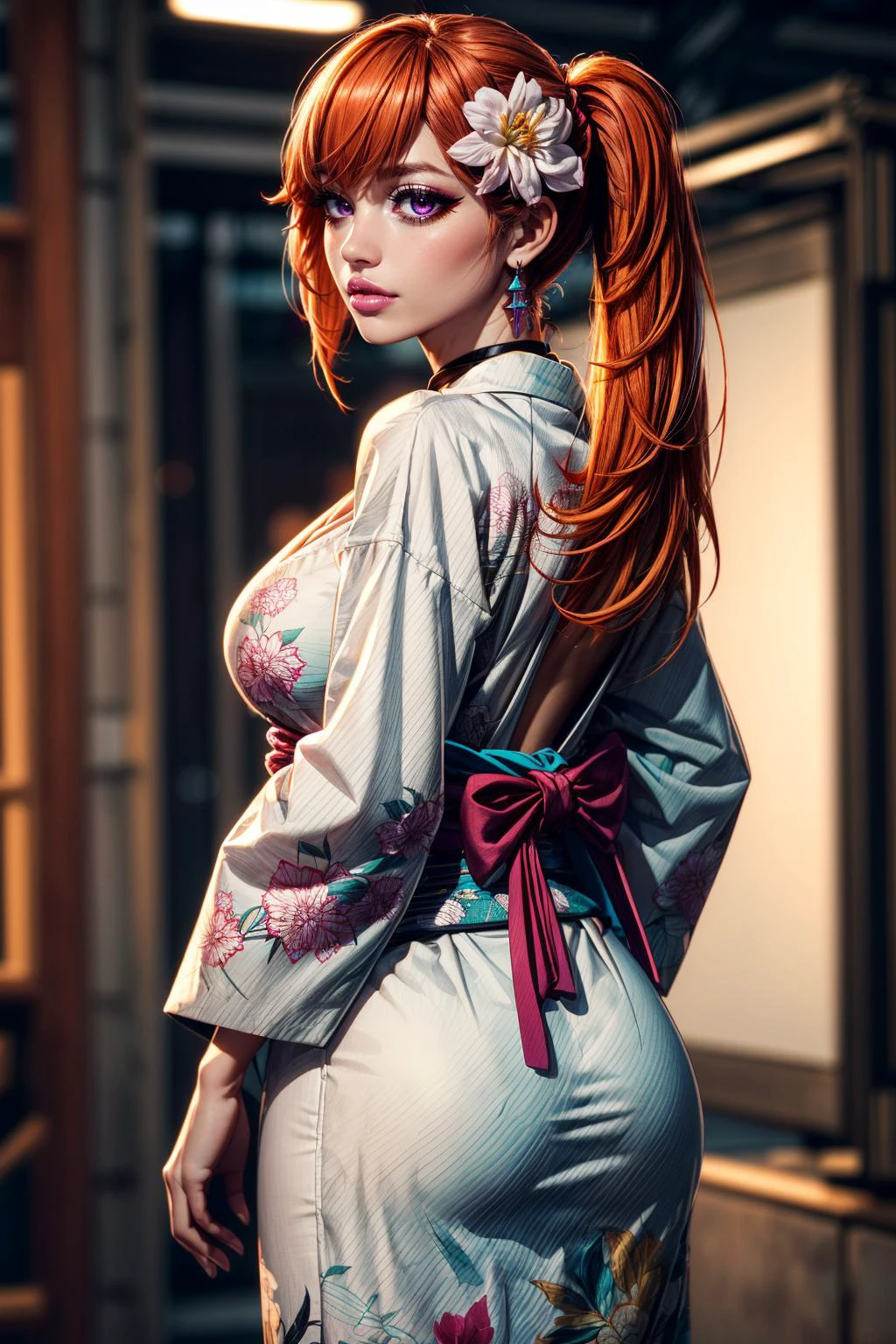 (ultra realistic,32k, masterpiece:1.2),(high detailed skin:1.1),( high quality:1.1),
<lora:TakanashiKiara:0.6>(expressionless:1.1),(eyeliner,long lashes, mascara:1.1),orange hair, magenta eyes,KiaraNewYear, long hair, twintails, hair flower,cleavage, black choker, white furisode, floral print, aqua obi, pink capele, cybernetic research facility, cutting-edge technological experiments, next-gen innovations, top-secret projects (blurry background:1.2),(from behind,thick ass, looking at viewer, standing,:1.1), backless dress,, (huge breast,large breast:1.1),<lora:add_detail:0.88>,full body,
(tenebrism:1.1),