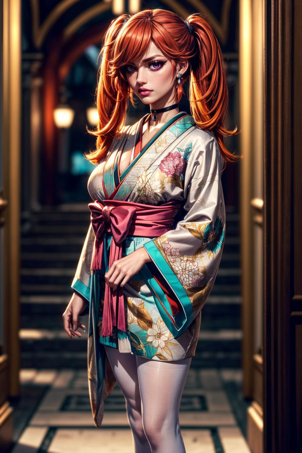 (ultra realistic,32k, masterpiece:1.2),(high detailed skin:1.1),( high quality:1.1),
<lora:TakanashiKiara:0.6>(angry:1.1),(eyeliner,long lashes, mascara:1.1),orange hair, magenta eyes,KiaraNewYear, long hair, twintails, hair flower,cleavage black choker, white furisode,short furisode, pantyhose, high heels, floral print, aqua obi, pink capele, historical castle, fortified walls, grand halls, medieval (blurry background:1.2),(looking at viewer, standing,:1.1),, (huge breast,large breast:1.1),<lora:add_detail:0.96>,full body,
(tenebrism:1.1),