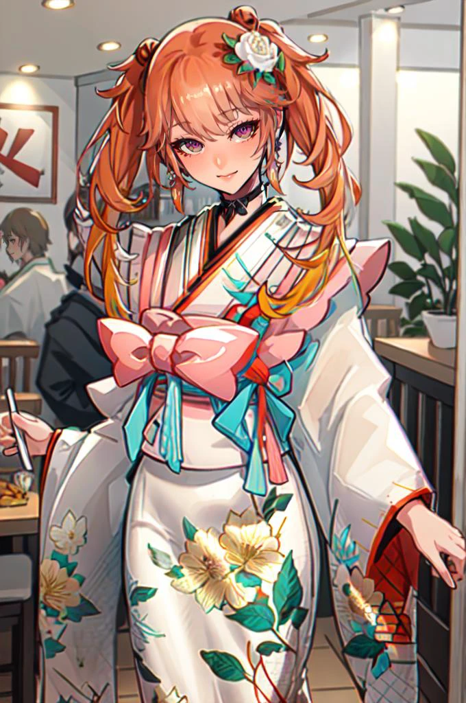 smile, indoors, restaurant, kfc, <lora:TakanashiKiara:1> KiaraNewYear, long hair, twintails, hair flower, black choker, white furisode, floral print, aqua obi, pink capelet, <lora:ban!_locon_v2_5e4_32d_16c:1>, absurdres, ultra detailed, masterpiece, best quality, aesthetic, detailed,