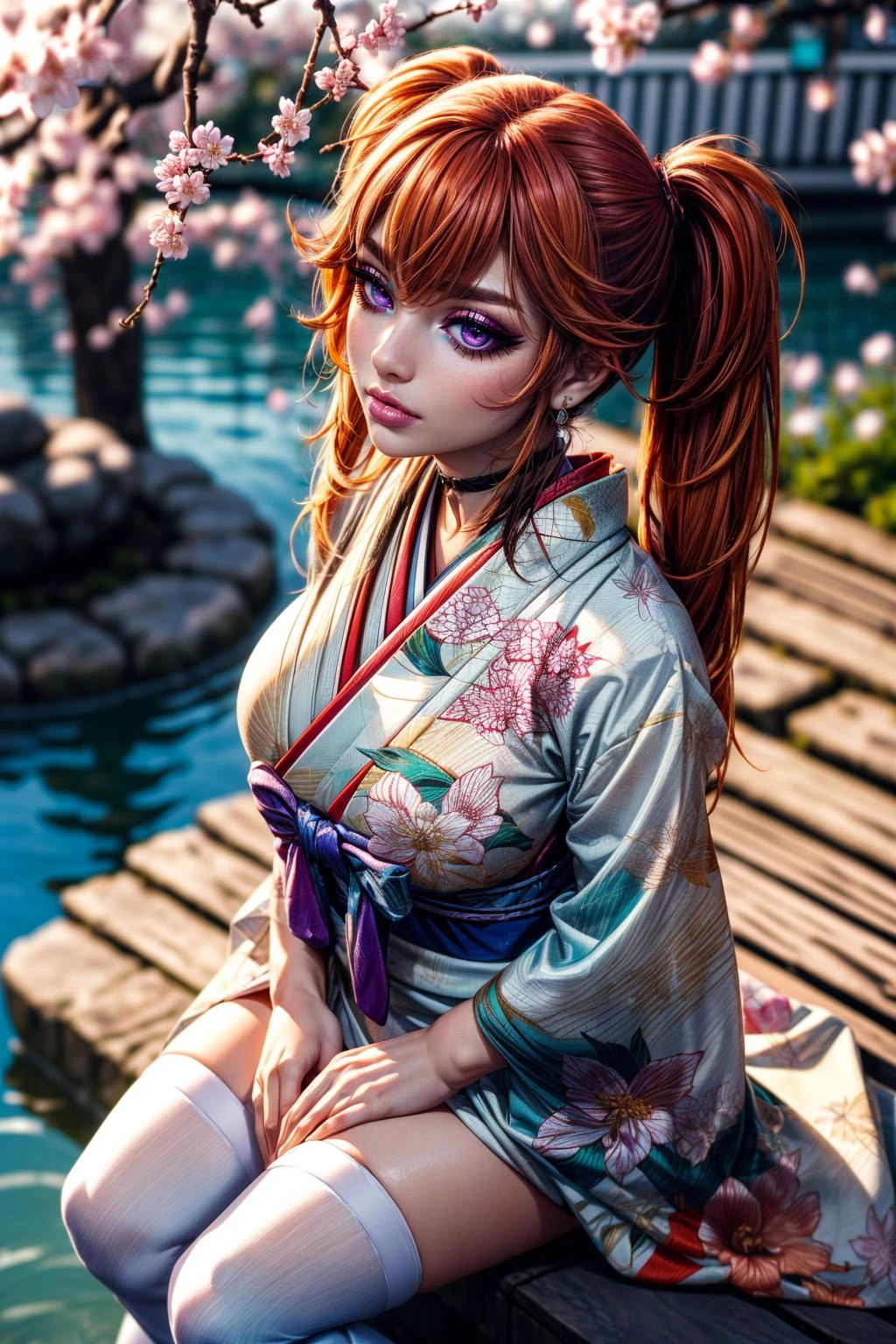 (ultra realistic,32k, masterpiece:1.2),(high detailed skin:1.1),( high quality:1.1),
<lora:TakanashiKiara:0.6>(disappointed:1.1),(eyeliner,long lashes, mascara:1.1),orange hair, magenta eyes,KiaraNewYear, long hair, twintails, hair flower,cleavage black choker, white furisode,short furisode, thighhighs, floral print, aqua obi, pink capele, japanese garden, flowers, cherry blossom trees, sunshine, (blurry background:1.2),(looking at viewer, sitting, from above:1.1),, (huge breast,large breast:1.1),<lora:add_detail:1>,full body,
(glow in the dark:1.1),