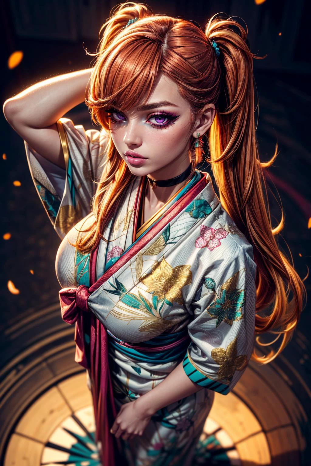 (ultra realistic,32k, masterpiece:1.2),(high detailed skin:1.1),( high quality:1.1),
<lora:TakanashiKiara:0.6>(pain:1.1),(eyeliner,long lashes, mascara:1.1),orange hair, magenta eyes,KiaraNewYear, long hair, twintails, hair flower,cleavage, black choker, white furisode, floral print, aqua obi, pink capele, (blank background:1.2) (blurry background:1.2),(looking at viewer, standing from above:1.1),, (huge breast,large breast:1.1),<lora:add_detail:0.92>,full body,
(golden hour:1.1),