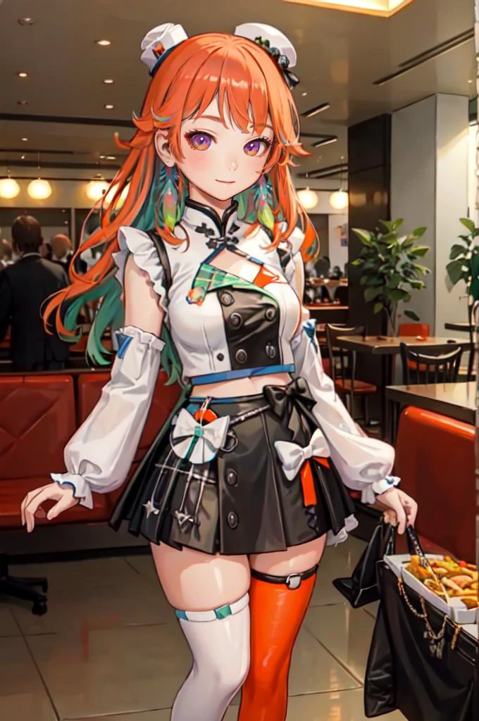 smile, indoors, restaurant, kfc, <lora:TakanashiKiara:1> KiaraIdol, long hair, mini hat, tilted headwear, feather earrings, hololive idol uniform, layered skirt, single sleeve, wrist cuffs, single thighhigh, thigh strap, <lora:Range_murata_style_v02:0.8>, absurdres, ultra detailed, masterpiece, best quality, aesthetic, detailed,