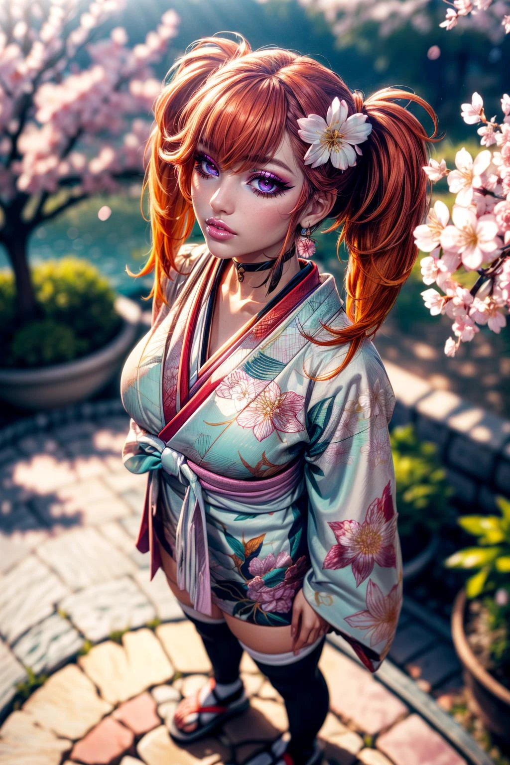 (ultra realistic,32k, masterpiece:1.2),(high detailed skin:1.1),( high quality:1.1),
<lora:TakanashiKiara:0.6>(crazy:1.1),(eyeliner,long lashes, mascara:1.1),orange hair, magenta eyes,KiaraNewYear, long hair, twintails, hair flower,cleavage black choker, white furisode,short furisode, thighhighs, straps, floral print, aqua obi, pink capele, japanese garden, flowers, cherry blossom trees, sunshine, (blurry background:1.2),(looking at viewer, standing, from above:1.1),, (huge breast,large breast:1.1),<lora:add_detail:0.87>,full body,
(neon pastel light:1.1),