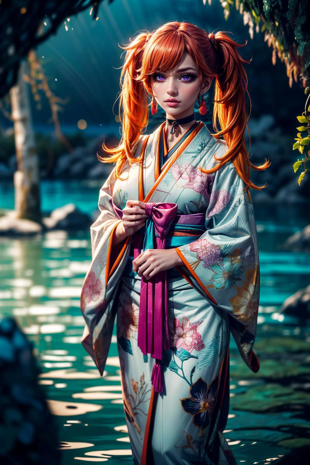 (ultra realistic,32k, masterpiece:1.2),(high detailed skin:1.1),( high quality:1.1),
<lora:TakanashiKiara:0.6>(confused:1.1),(eyeliner,long lashes, mascara:1.1),orange hair, magenta eyes,KiaraNewYear, long hair, twintails, hair flower,cleavage, black choker, white furisode, floral print, aqua obi, pink capele, bioluminescent underwater cave, glowing marine life, hidden chambers, mesmerizing illumination (blurry background:1.2),(looking at viewer, standing:1.1),, huge breast,large breast,<lora:add_detail:0.82>,full body,
(moody lighting:1.1),