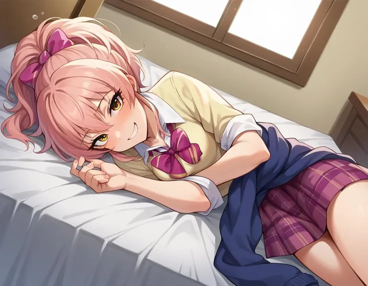 score_9, score_8_up, score_7_up, source_anime,
mikajougasaki, <lora:mika-jougasaki-ponyxl-lora-nochekaiser:1>
mika jougasaki, hair bow, long hair, pink hair, yellow eyes, ponytail, smile,
bow, clothes around waist, plaid, plaid skirt, school uniform, skirt, sweater, sweater around waist,
indoors, bed, bed room, on side, blush, drunk,
looking at viewer, dutch angle, cowboy shot,