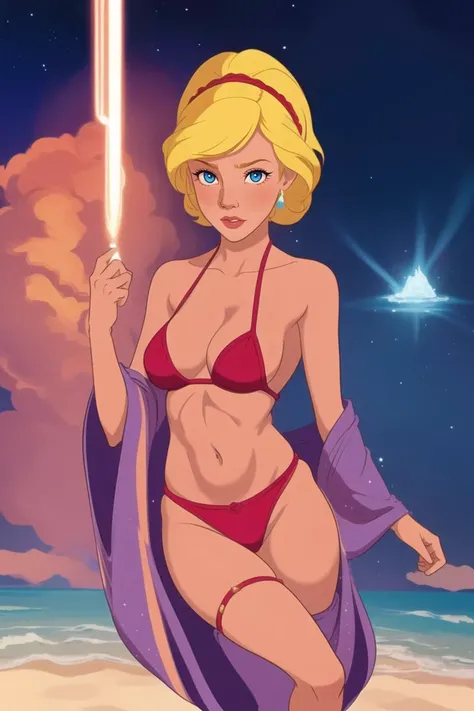 girl, 80s, fantasy, ,mage,magic,particles,rays,blonde,short hair,braid,robe,sexy <lora:80s_anime_iron:0.3>