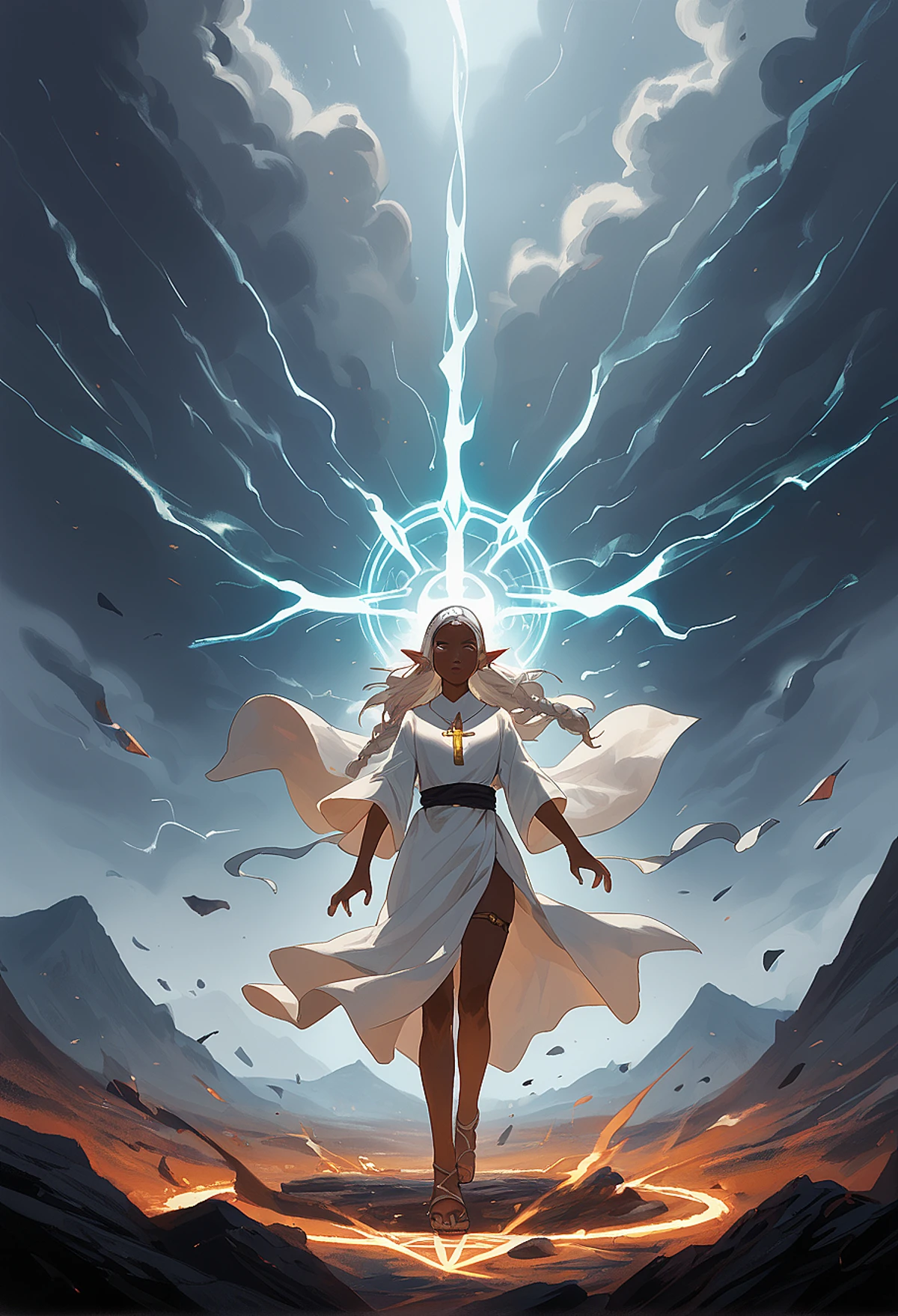 (score_9, score_8_up, score_7_up, detailed). rating_safe. (very_dark_skin), elf, braid, freckles, priestess, robe, sandals, thigh_strap. elemental, wind_spell, air_magic, runes, casting, summoning, meditative_chamber, training, storm, mountaintop. (afrobull, aestheticc-meme, wlop:0.9)