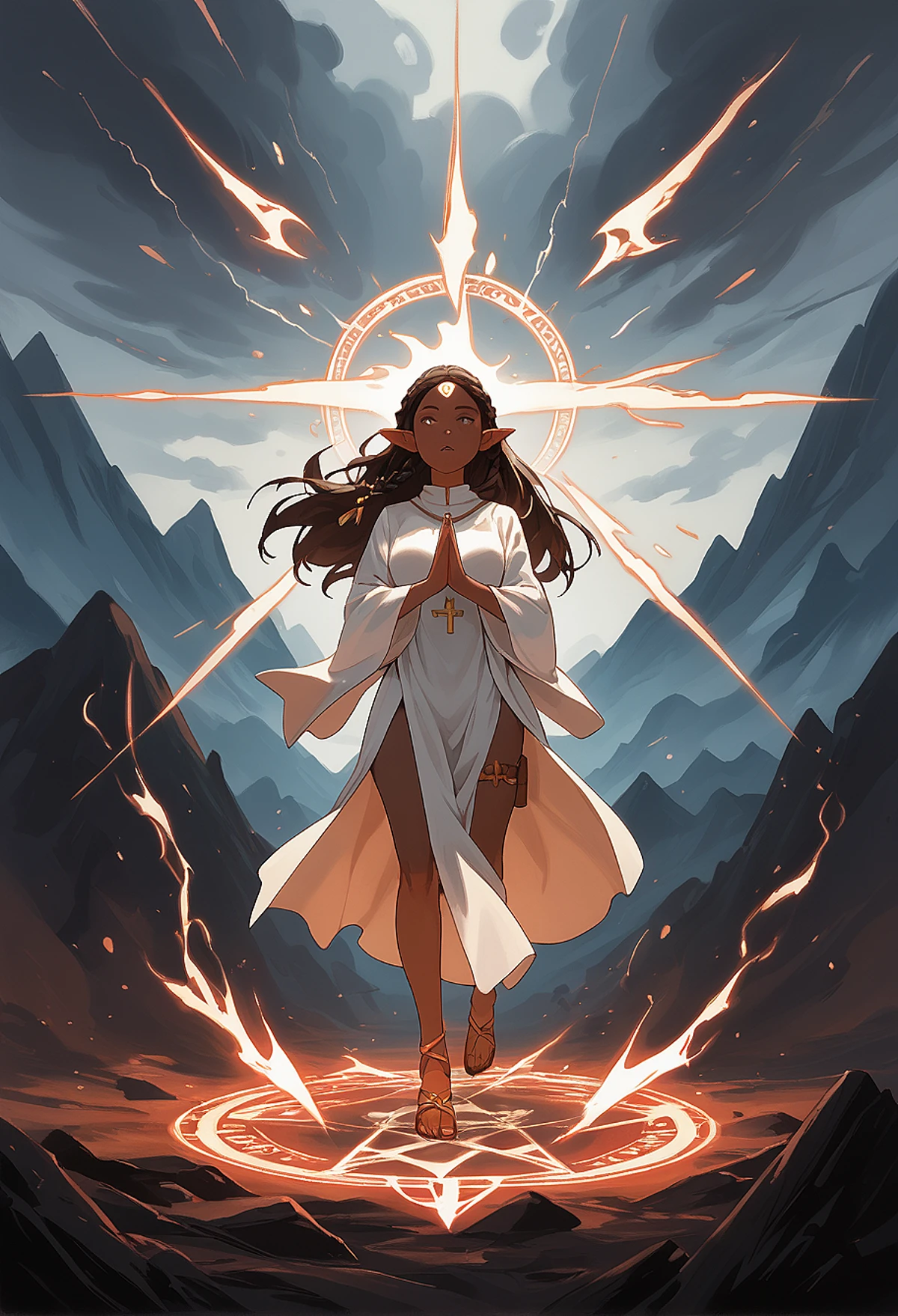 (score_9, score_8_up, score_7_up, detailed). rating_safe. (very_dark_skin), elf, braid, freckles, priestess, robe, sandals, thigh_strap. elemental, wind_spell, air_magic, runes, casting, summoning, meditative_chamber, training, storm, mountaintop. (afrobull, aestheticc-meme, wlop:0.9)