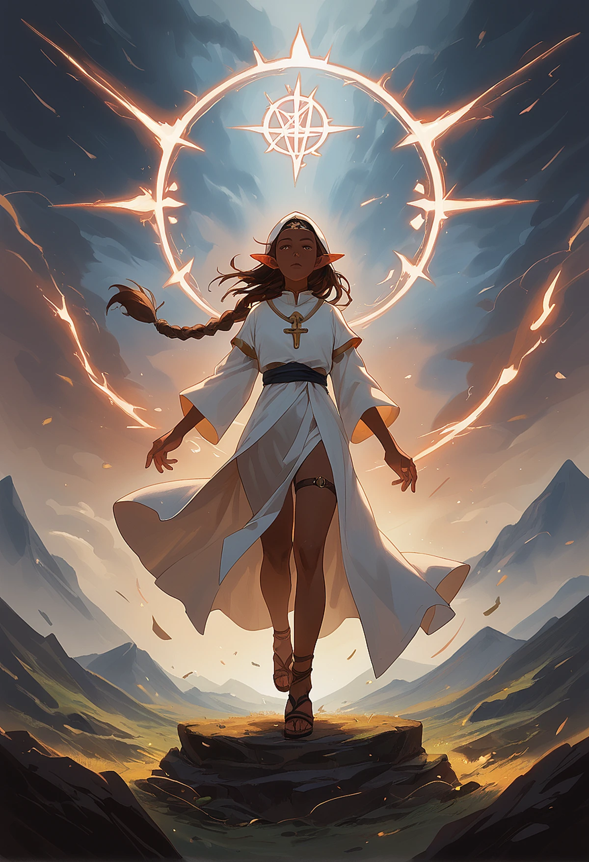 (score_9, score_8_up, score_7_up, detailed). rating_safe. (very_dark_skin), elf, braid, freckles, priestess, robe, sandals, thigh_strap. elemental, wind_spell, air_magic, runes, casting, summoning, meditative_chamber, training, storm, mountaintop. (afrobull, aestheticc-meme, wlop:0.9)