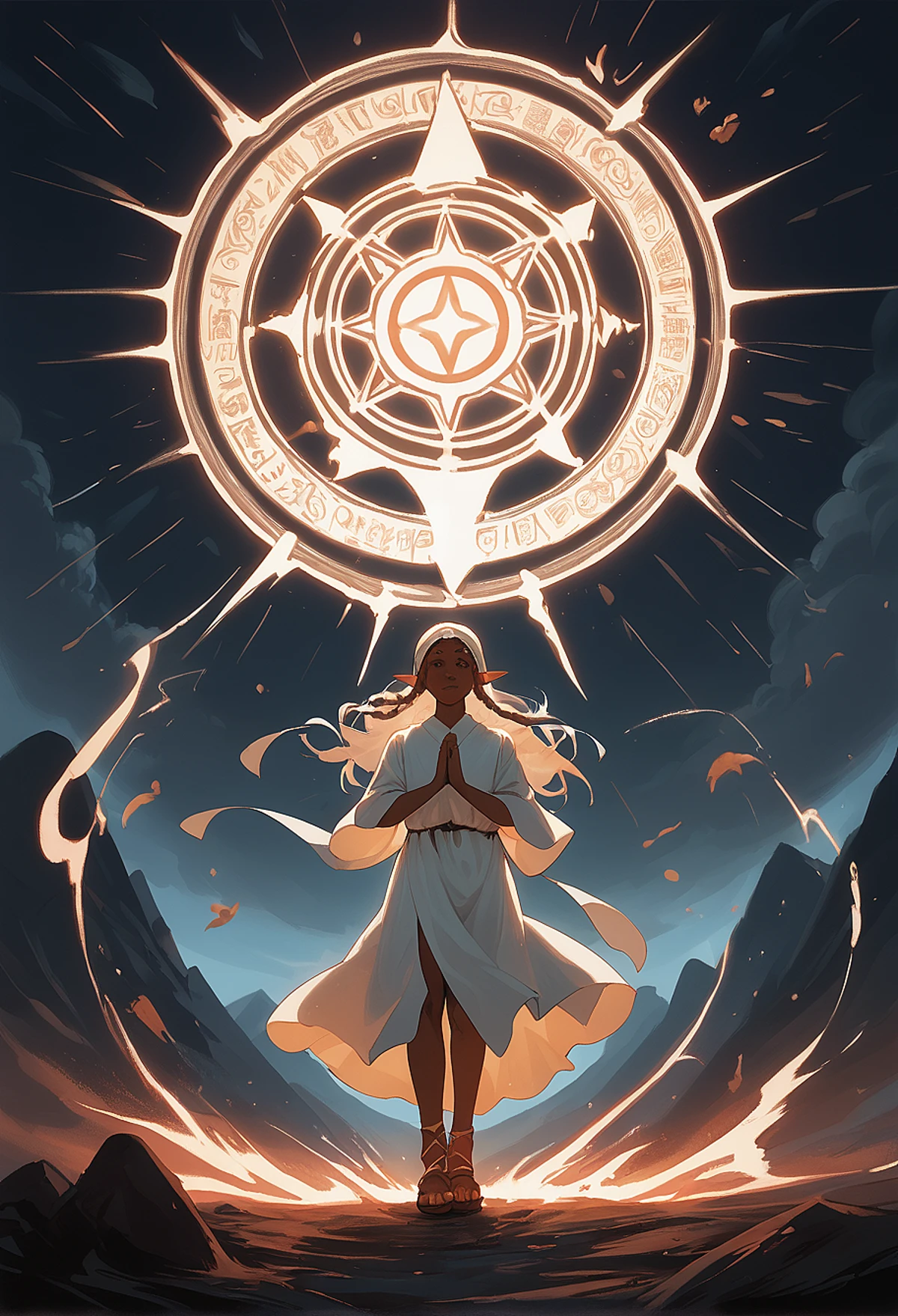 (score_9, score_8_up, score_7_up, detailed). rating_safe. (very_dark_skin), elf, braid, freckles, priestess, robe, sandals, thigh_strap. elemental, wind_spell, air_magic, runes, casting, summoning, meditative_chamber, training, storm, mountaintop. (afrobull, aestheticc-meme, wlop:0.9)