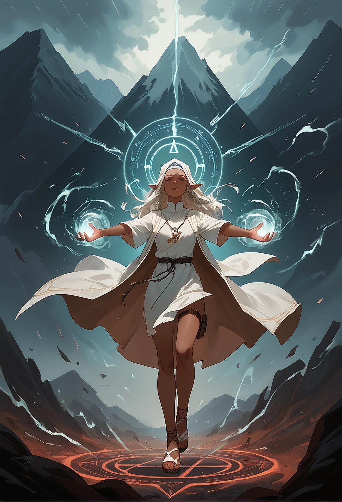 (score_9, score_8_up, score_7_up, detailed). rating_safe. (very_dark_skin), elf, braid, freckles, priestess, robe, sandals, thigh_strap. elemental, wind_spell, air_magic, runes, casting, summoning, meditative_chamber, training, storm, mountaintop. (afrobull, aestheticc-meme, wlop:0.9)