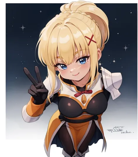 beautiful, masterpiece, best quality, perfect lighting, detailed background, 1girl, long hair, blonde hair, x hair ornament, armor, blue eyes, ponytail, hair ornament, gloves, shoulder armor, braid, black gloves, pauldrons, white boots, darkness \(konosuba\), large breasts, darkness_(konosuba), selfie, from above, cute smile, looking at viewer, (peace sign, v),  bluetheboneaistyle, flat colors, 1990s \(style\)<lora:BluetheboneArtist-13:1.1>  <lora:darkness (konosuba)_v1:0.6>  <lora:loraPeaceSign_v03:0.4>