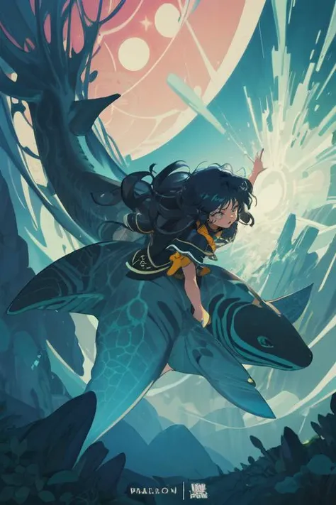 concept art, (cute litter girl, cute Narwhal, in the The Yggdrasil Tree, long wavy hair, black hair, (masterpiece, best quality), bluetheboneaistyle, flat colors, 1990s \(style\), <lora:BluetheboneArtist:1>:1.1), digital artwork, illustrative, painterly, matte painting, highly detailed