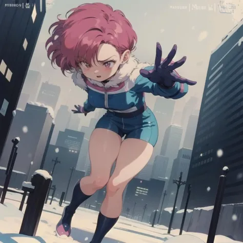 <lora:BluetheboneArtist-13:1.2> , bluetheboneaistyle, 1980s \(style\), flat colors,
pink hair, 1girl,snow,city,playing,