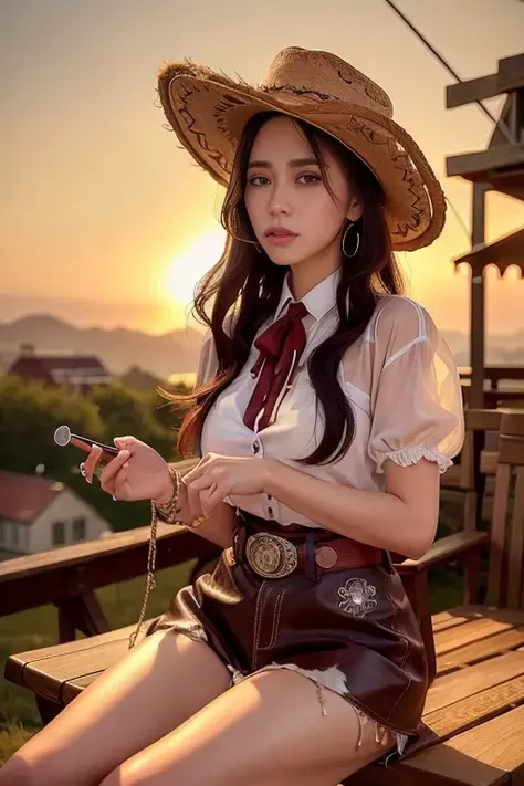best quality, realistic, photorealistic, award-winning illustration, (intricate details:1.2), (delicate detailed), (intricate details), (cinematic light, best quality Backlights), clear line,fashion girl, sharp focus, realistic face,detailed face,official art, unity 8k wallpaper, ultra high res, (photorealistic:1.5), looking at viewer, ulzzang-6500,<lora:taiwanDollLikeness_v1:0.2>, <lora:cowboyNiuzai_v10:1>,cowgirl Wearing a hat,women, bangle, bracelet, cowboy_hat, food, hat, instrument, jewelry, music, sepia, sitting, solo, straw_hat, sunset