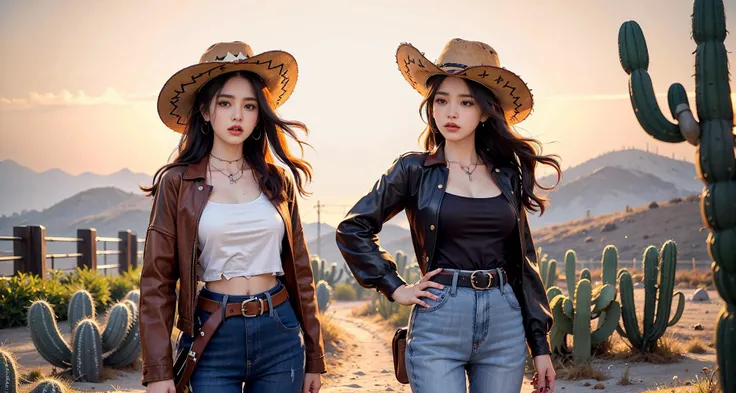Holding a revolver in hand,western cowboy style,photography,best quality, realistic, photorealistic, intricate details, (delicate detailed), (intricate details), cinematic light, best quality Backlights, clear line, 8k,ultra high res, <lora:cowboyNiuzai_v10:1>,women, belt, boots, bracelet, breasts, brown_hair, cowboy_hat, cowboy_western, hat, lips, mug, necklace, realistic, solo, ,Cowboy towns, outdoor,wild desert plants,Cactus, She wore a wide-brimmed felt hat, a Colt revolver or a Winchester rifle slung over her shoulder, a bullet belt, a leather jeans top and a tight-sleeved multi-bag jeans, high boots with spikes, and a brightly printed square around her neck,bystanders with guns in the background
