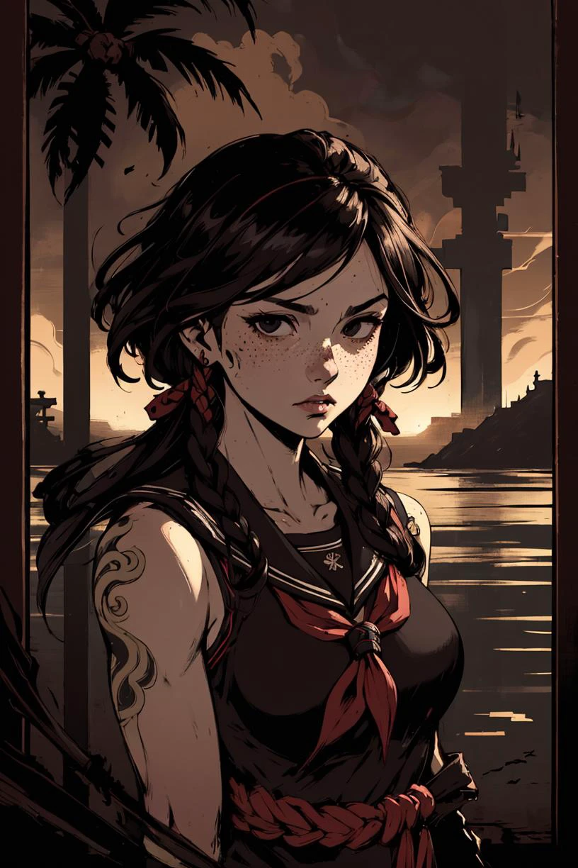 soothing tones, muted colors, high contrast, (hyperrealism, soft light, sharp), <lora:Japanese_INK-000003:.8>,
1 girl, adult german woman, freckles, black eyes, black hair, ombre,
Style-GravityMagic, focus on character, portrait, (battlescars:0.7), looking at viewer, solo, half shot, detailed background, samurai theme:1.1), cursed sailor, brown skin, privateer sailor uniform, dark expression, treasure map, coastal pirate town, pier, docks, camp, palm trees, peaceful, sunrise, dark fantasy atmosphere,