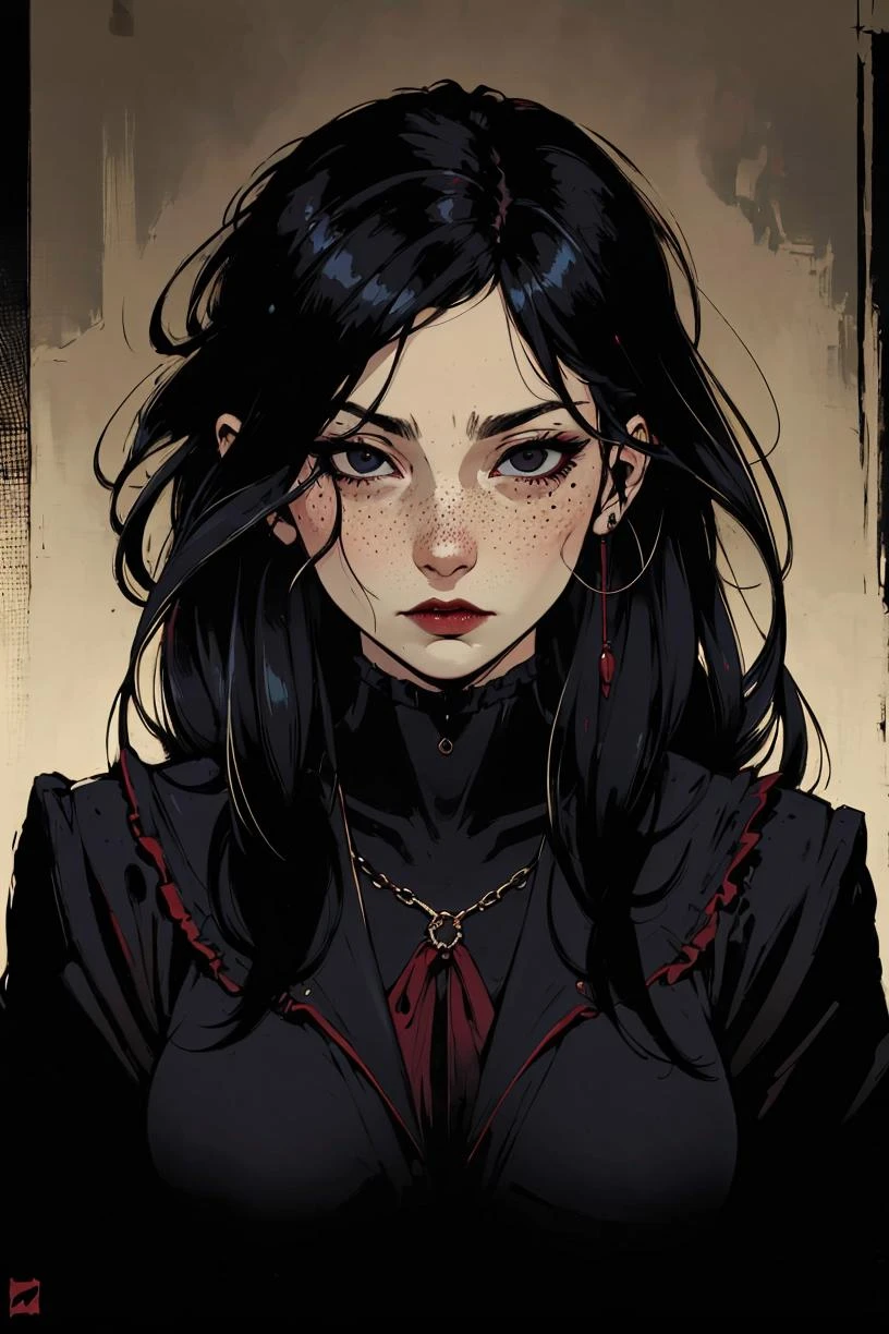 soothing tones, muted colors, high contrast, (hyperrealism, soft light, sharp), <lora:Japanese_INK-000003:.8>,
1 girl, adult woman, freckles, black eyes, long hair, ,
focus on character, portrait, looking at viewer, solo, half shot, detailed background, vampire theme:1.1), dark expression, peaceful,
