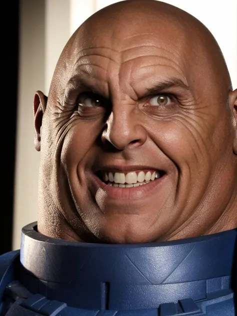 sontaran, wide Hollywood smile, brilliant teeth, eyebrows wave, (best quality:1.5), highly detailed, (perfectly drawn face three radiant eyes), masterpiece, dramatic photo, upper body showing, far shot, realistic, RAW photo, amateur, masterpiece, 3d, cinematic lighting, <lora:Sontaran:0.6> sontaran, helm,