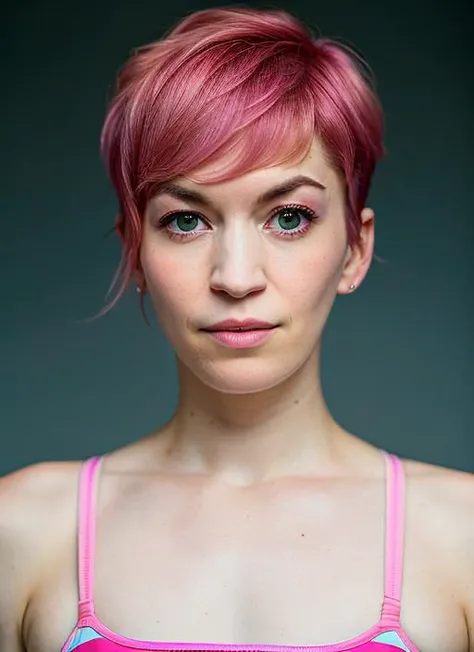 portrait of Britt Lower, nervous , wearing runway fashion , with pink Asymmetrical haircut , background court, epic (photo, studio lighting, hard light, sony a7, 50 mm, matte skin, pores, colors, hyperdetailed, hyperrealistic), <lyco:Britt Lower:1.1>