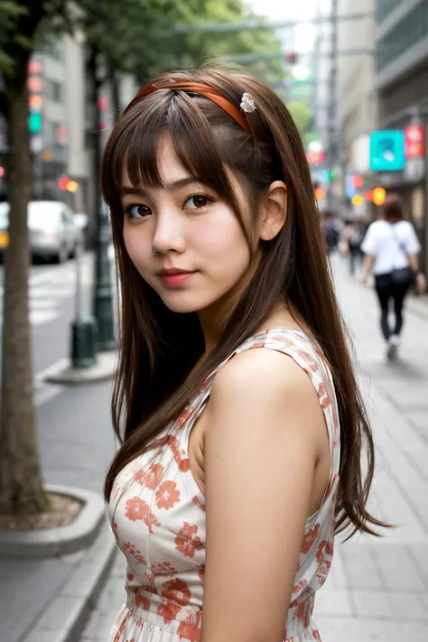 RAW portrait photo, embedding:OkaiChisato in busy Tokyo street, embedding:fcDetailPortrait