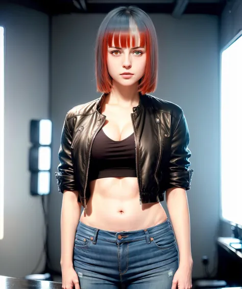 girl empress, waist length portrait, in hacker room, in hacker clothes, in a top in a jacket and jeans, subtle muted natural color, masterpiece, (photo realistic natural RAW lighting, photo realistic high detailed RAW color, 8k, hdr, RAW photo, best quality:1.2)