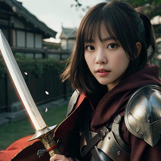 realistic,perfect face,
cute japanese girl,cloak,
(cinematic composition:1.3),dynamic angle,angry, 
armor, (holding  long sword),  aimed at oppenent,looking at viewer, 
Petals fluttering in the air,