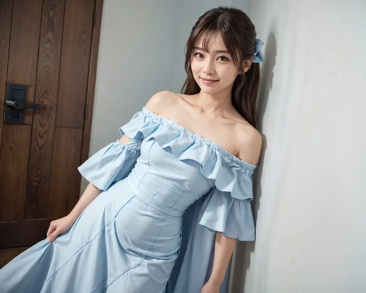 (portrait:1.4) ,(from side), (standing:1.4),action
1japanese girl, solo, cute, kawaii, (shy, smile:1.2,tooth ), (brown eyes),  detailed beautiful face, (midi hair),
(in white room),
BREAK, 
(light blue off shoulder long dress:1.4)