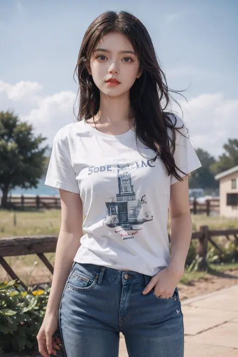 masterpiece,best quality,ultra high res,realistic skin,cowboy shot,
a 20 yo girl,white T-shirt,jeans,outdoors,summer